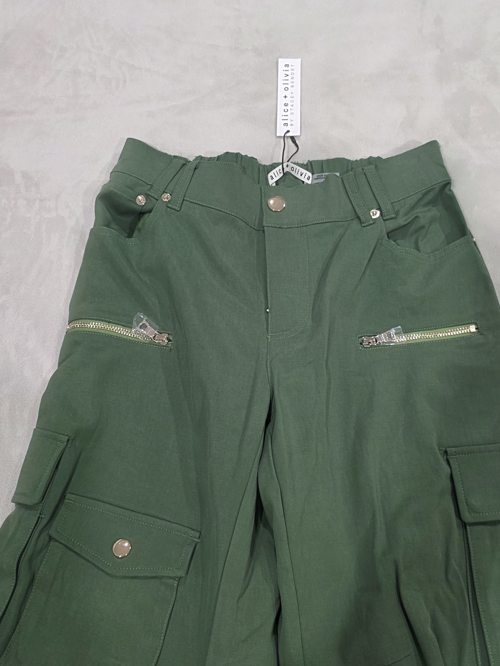 Alice + Olivia Olive Green Cargo Trousers with Zip Accents